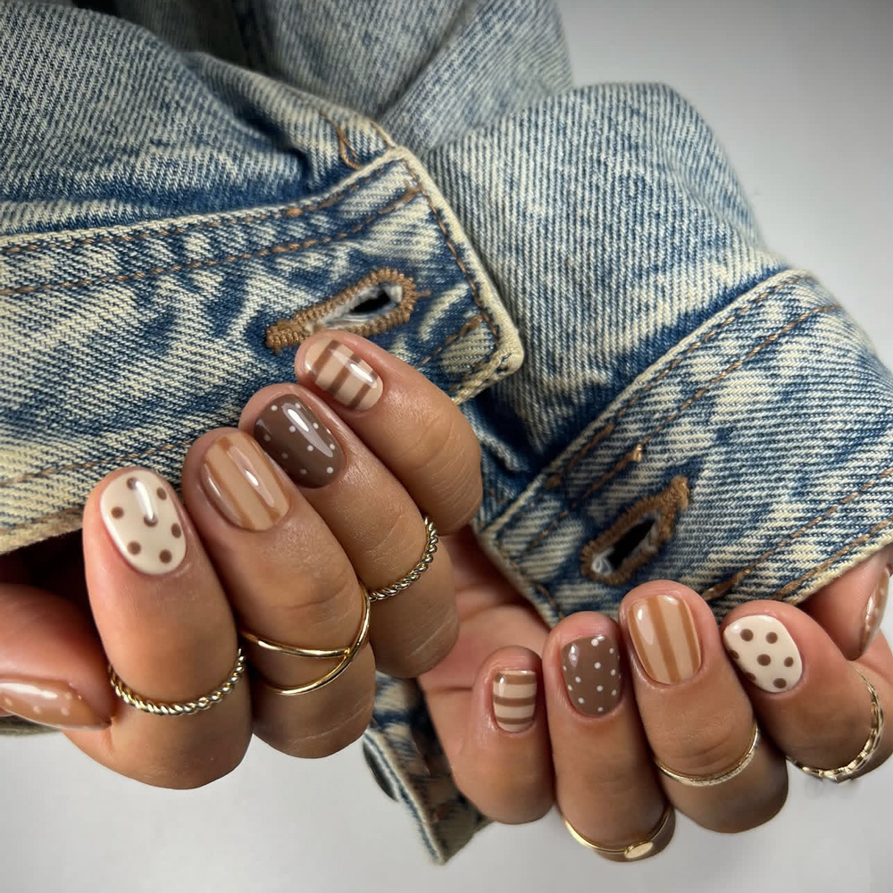 TEMU 24pcs Milk Stripe Polka Dot Press On Nails Short Square Nails Simple Gentle Removable False Nails