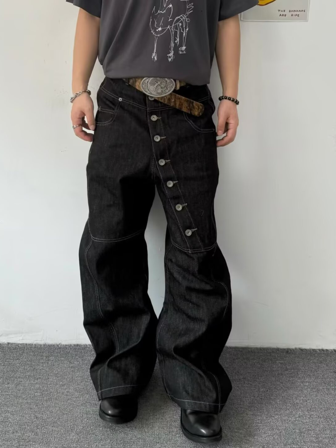 item picture mens high waisted wide leg floor length bell bottom jeans retro 70s   style with curved leg beltless   free waist   loose fit trousers for casual formal wear machine washable pants for women baggy pants for men grunge clothes baggy pants for women streetwear pantalones aesthetic black pants baggy pants women clothes for women mens clothes fall clothes for women trousers women jeans with design autumn clothes women streetwear