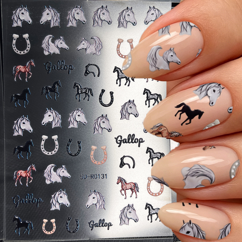 TEMU 5d Embossed Stickers, Self-adhesive Nail Decals, Western Style With Running Horse, Horseshoe, Gallop, And Letter Print, Cowboy Equestrian Nail