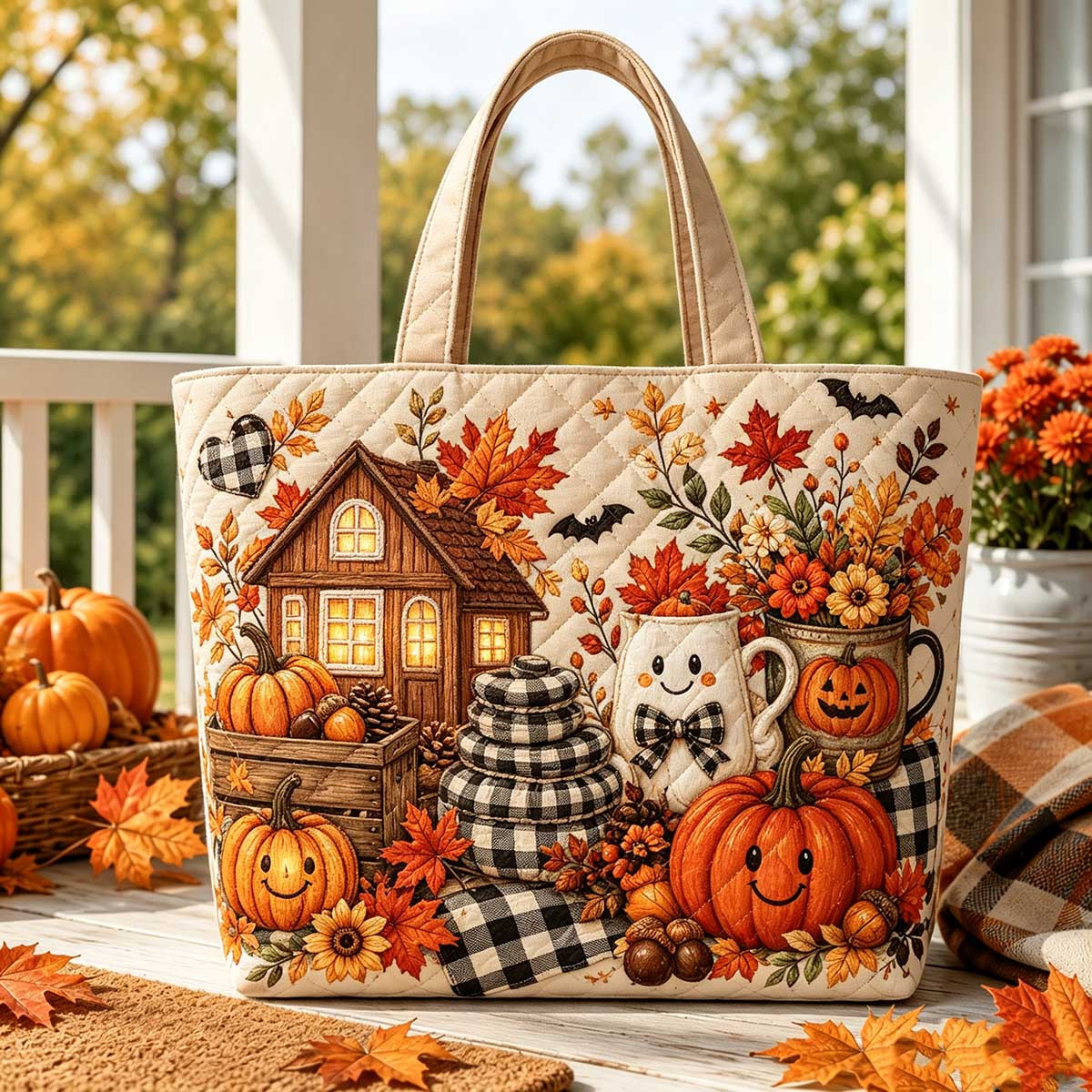 Image of 17*15 Inch Women's Large Capacity Quilted Tote Bag, Perfect For Commuting And Shopping - Cottage Checkered Pumpkin Maple Leaf Sunflower Retro Country Shoulder Bag, A Must-have For Fall Outfits