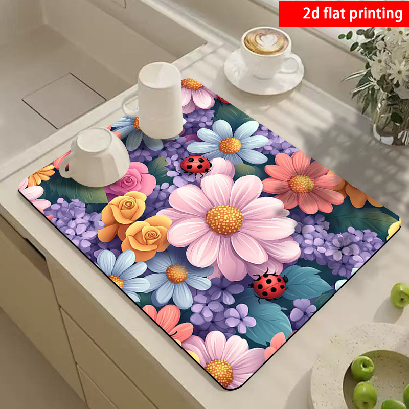 TEMU 2d Flat Printing, 1pc Colorful Floral Pattern Absorbent Placemat, Dish Drying Mat, Coffee Machine Mat, Non-slip Rubber Backing, Suitable For