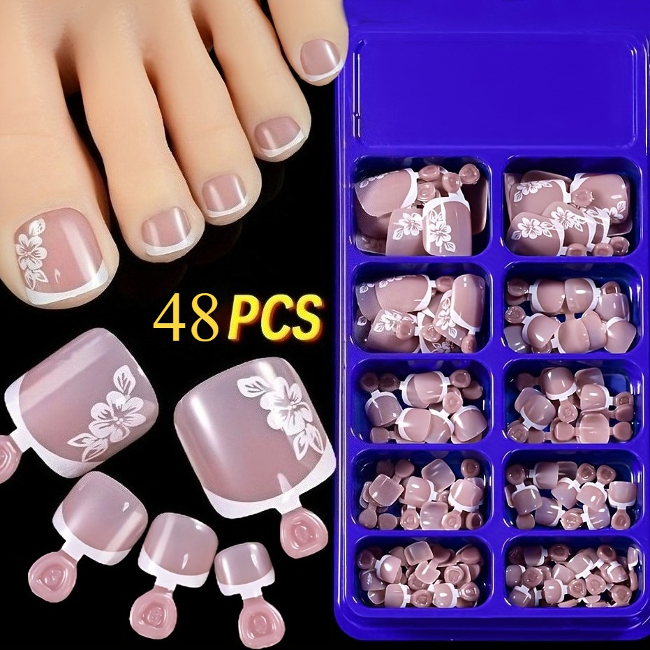 Image of 48pcs Floral Print Short Square Press-on Toenails Set - Nude Pink Full Cover Summer French Style False Toenails Tips, Nail Art Additions For Women And