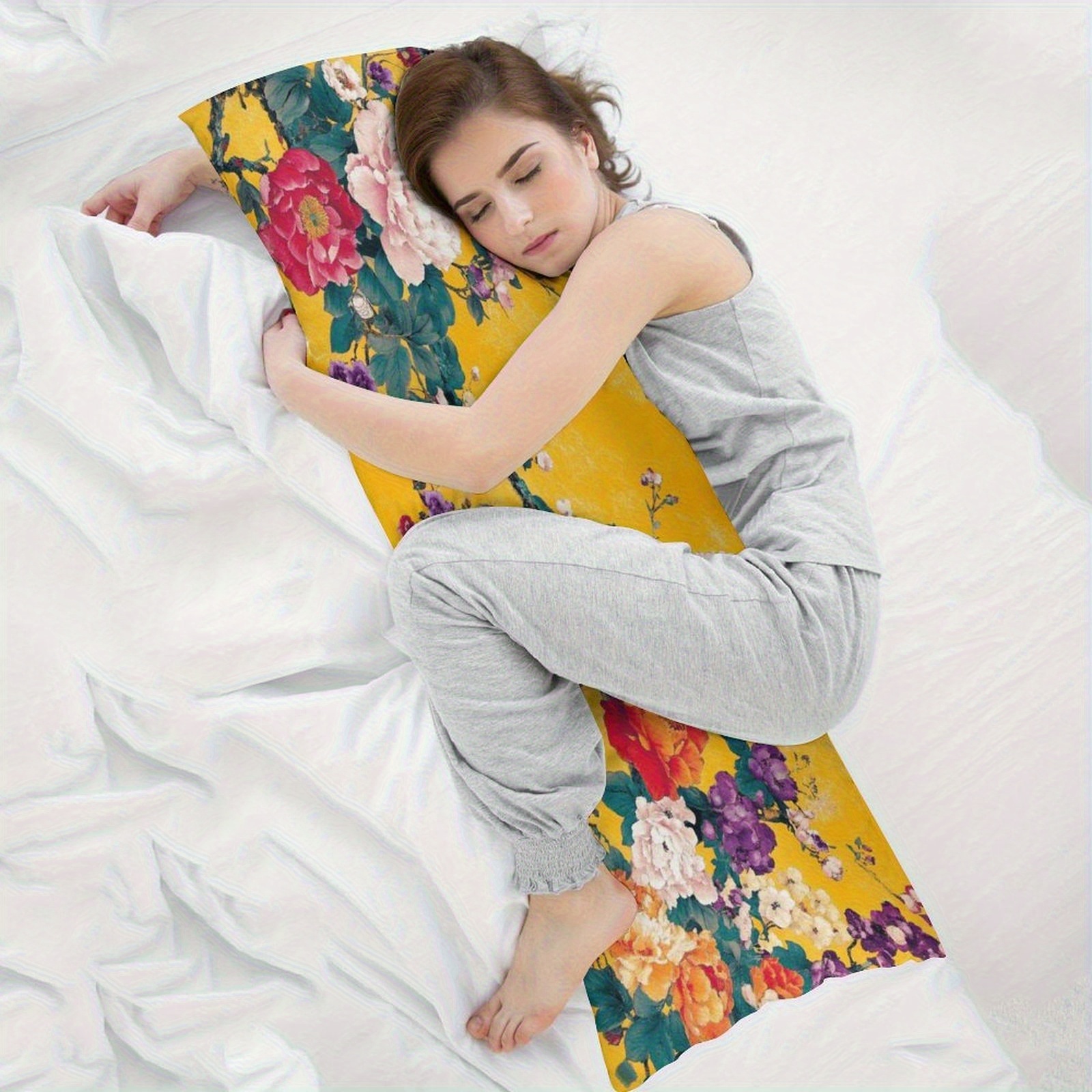 extra long body pillow case mustard yellow   with roses soft plush bed cushion cover for queen king beds sofas machine washable large pillowcase 20x54 inches 51x137  decor accent sofa accessory   style doublesided print bedroom accent fashionable pillowcase durable fabric interior design enthusiasts Product details 6