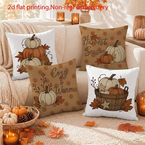 2d flat printing 4pcs autumn pumpkin and fallen leaves pillowcases warm and main color decorative style suitable for seasonal soft updates home reading nook and lounge chair cushion decoration pillow inserts not included