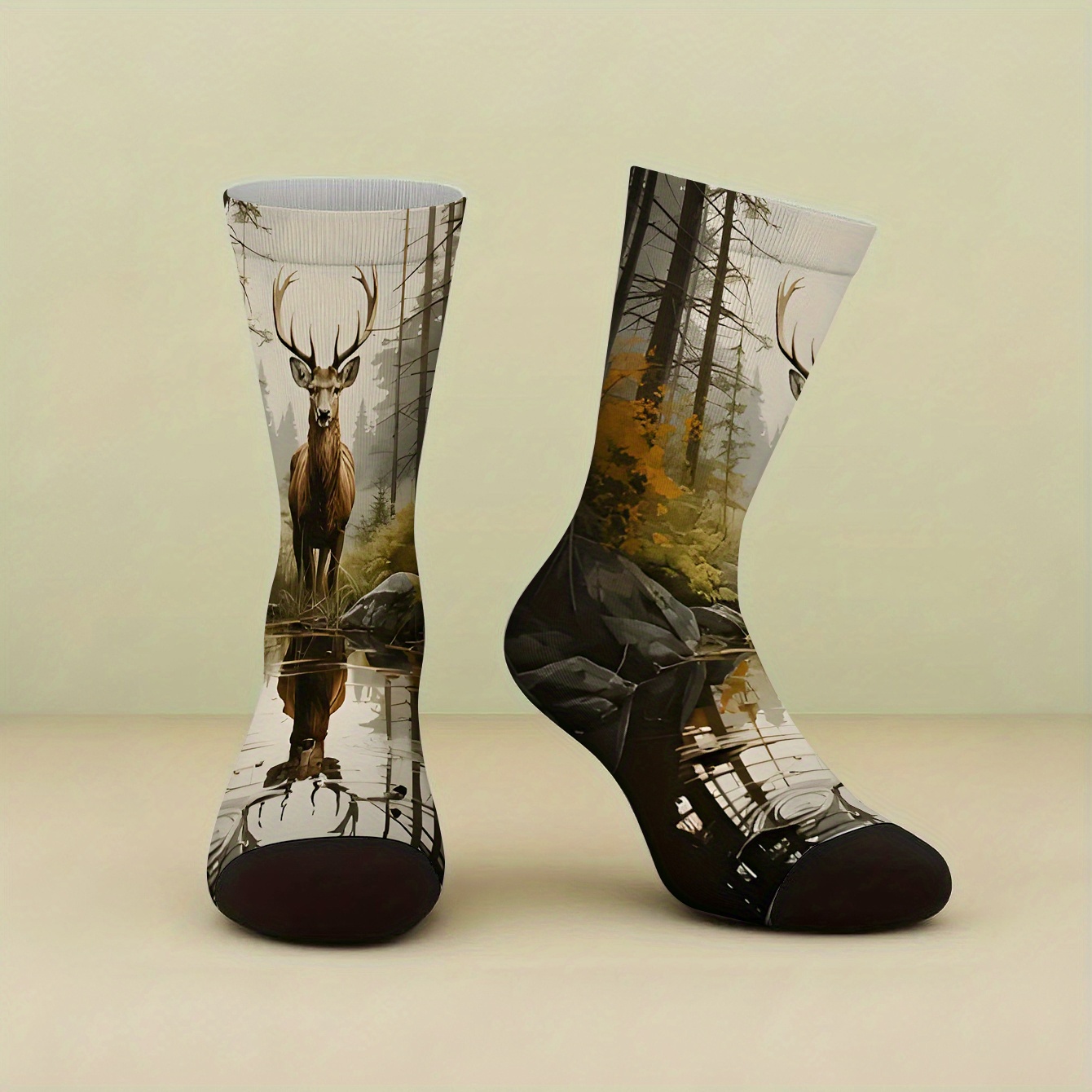 Unisex Mid-calf Compression Socks - Deer By Water With Reflection Design, Trendy Couple Gift For Christmas/halloween, Comfortable Casual & Sports Socks