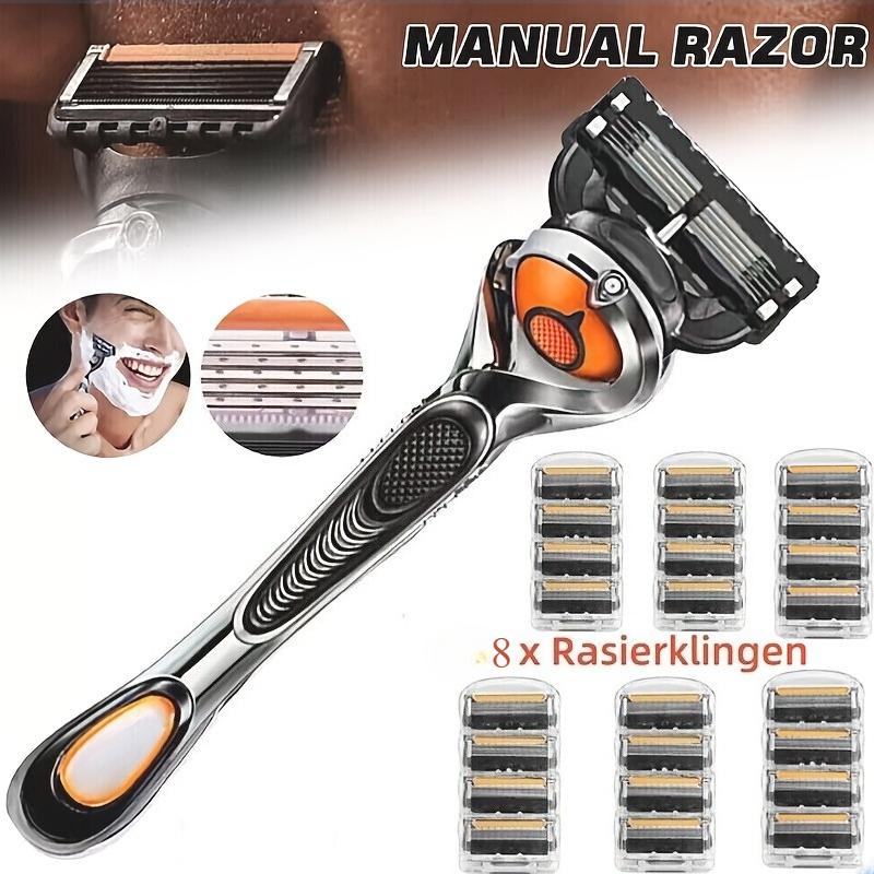 E-shop Ein Herrenrasierer-Set mit Griff und acht Einwegklingen in einer Box, gefertigt mit einer fünflagigen Sicherheitsklinge zum Rasieren von Bärten