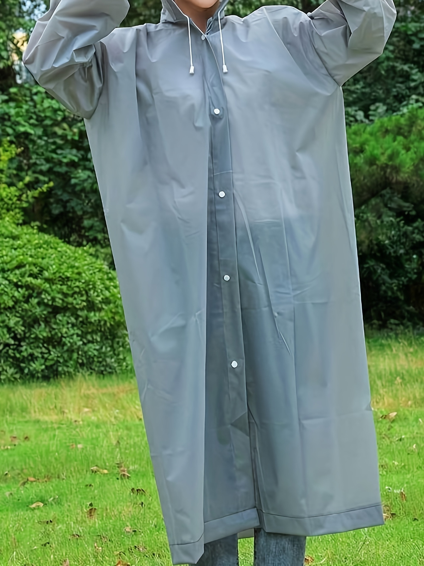 stylish hooded high quality raincoat reusable thick eva insulated windbreaker with adjustable drawstring and button closure semi transparent long sleeve   suitable for hiking outdoor activities daily commuting adult use sporty design 120cm length 70cm sleeve length 70cm waist size Product details 5