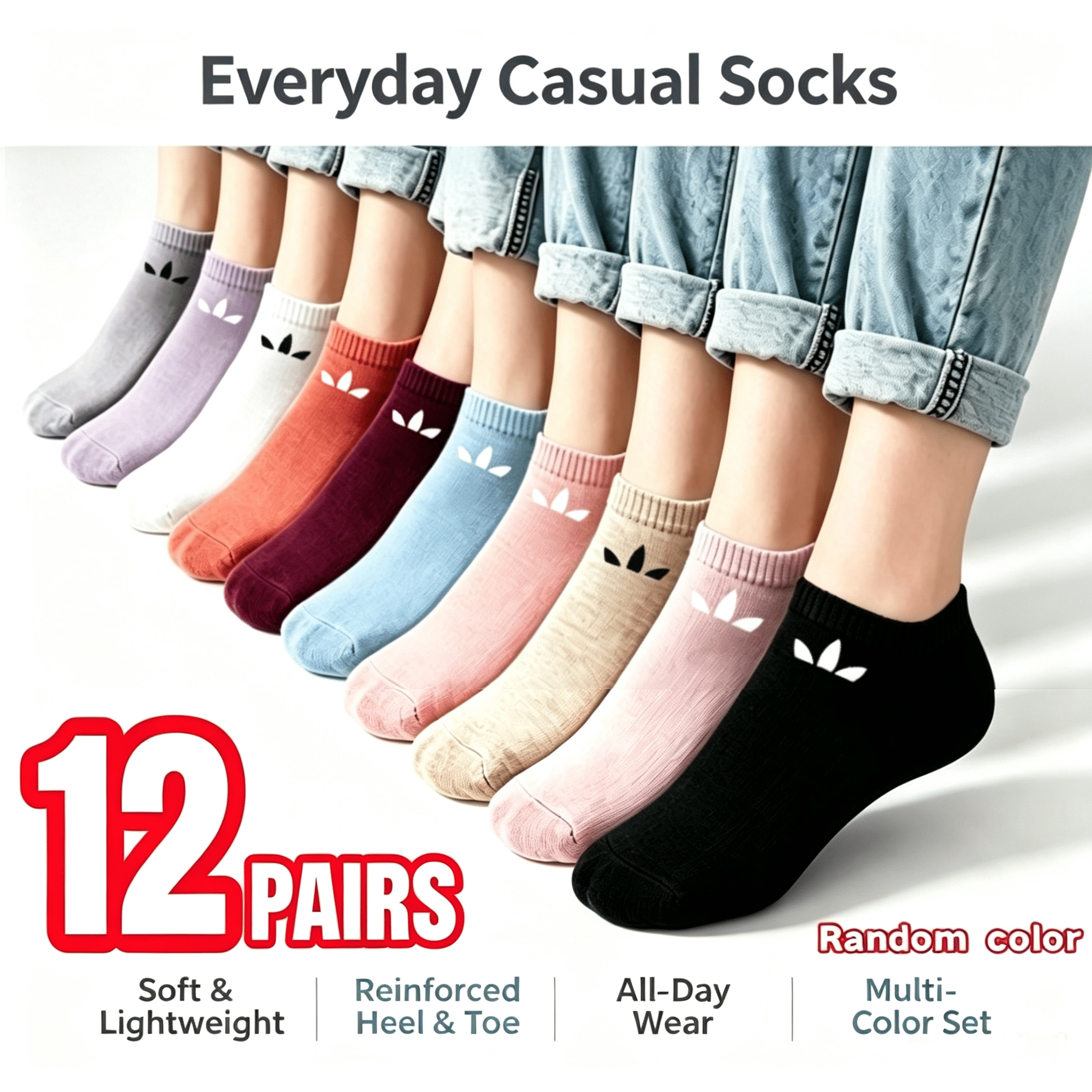 TEMU 12-pair Unisex Breathable Socks - Random Colors, Lightweight Travel Essential, Combination Set, Moisture-wicking Seamless Design Solid Color