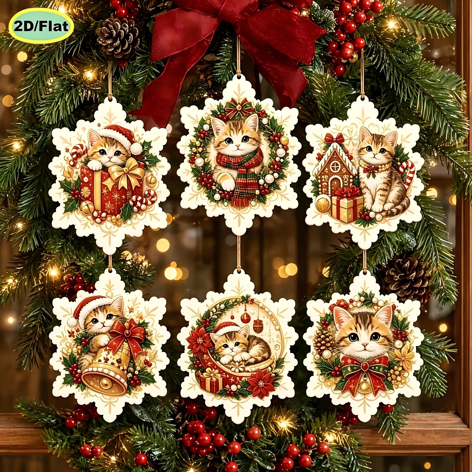 TEMU 6 pièces d'ornements de Noël et d'étiquettes suspendues pour chat - 6 pièces de décorations en bois avec de chaton, adaptées pour sapin,