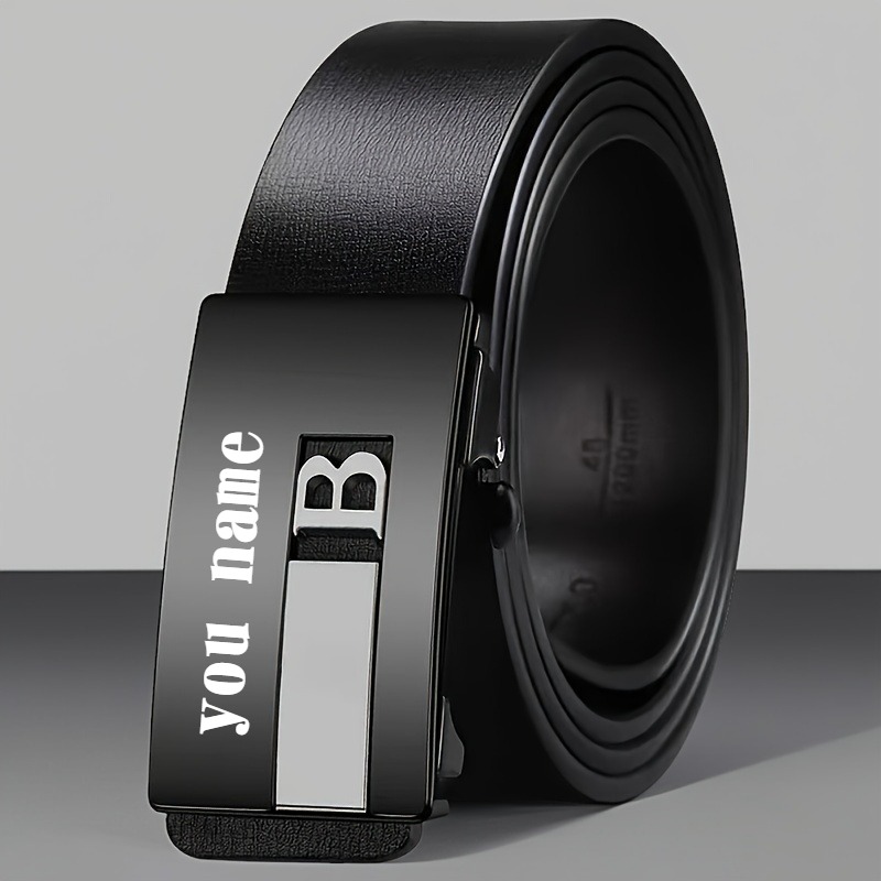ized Name/Initials Engraved Men's Automatic Buckle Belt - Custom PU Leather Dress Belt with Golden-Tone Buckle, No-Hole Closure, Black Strap for Business, Wedding, Casual - Ideal Gift for Husband, Father's Day, Christmas (Add Your
