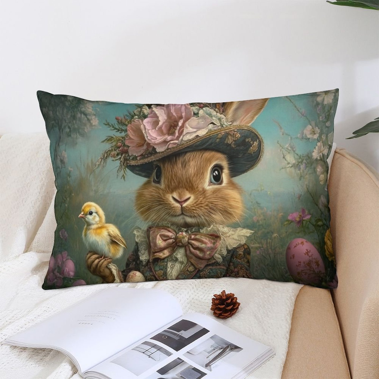 

1pc Style Easter Bunny With Chick Print Throw Pillow Cover, 12x20 Inch, Soft Plush Polyester, Machine Washable, Zippered Decorative Pillowcase For Sofa, Bedroom, Living Room - Office Gift