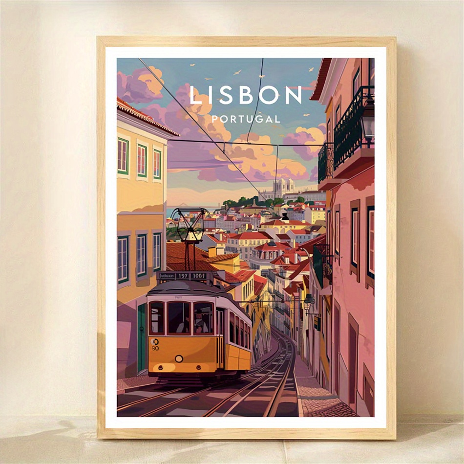 TEMU ["2D Plat] 1pc Affiche de Voyage Portugal - Impression sur Toile de Paysage Européen Vintage avec , Maisons Roses et Jaunes - 12x16 Pouces