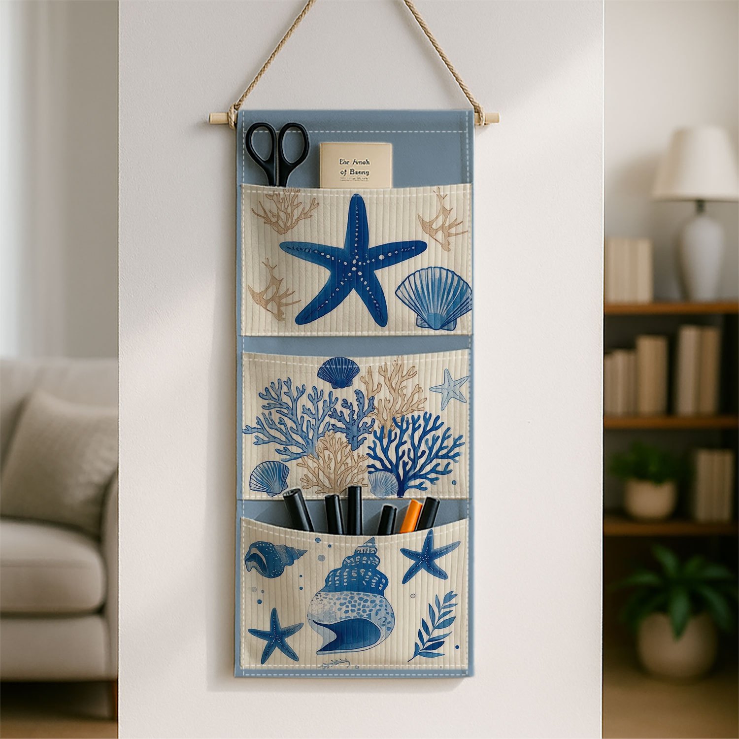 TEMU 1pc Nautical Wall Hanging Storage Organizer With Starfish & Shell - Blue Hanging Suitable For Bathroom, Bedroom, Living Room - Space- Decorative