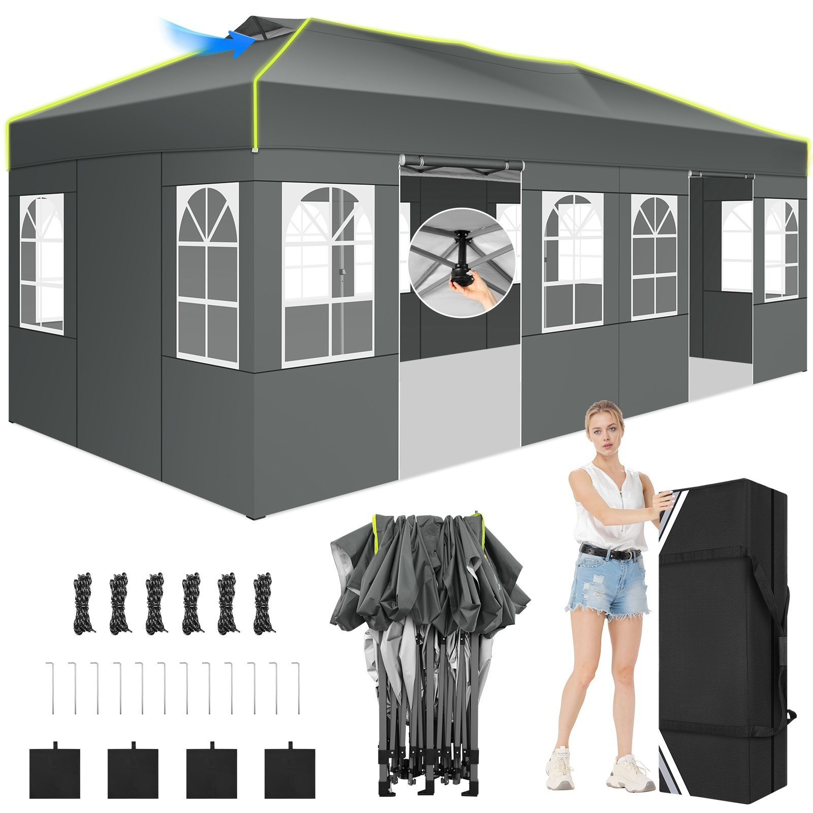 Image of 3x6m Folding , Oxford Fabric Design, Central Locking, Foldable Sunshade Party Tent With Fluorescent Strips, 6-sided Walls, Garden Gazebo Suitable For Weddings And Outdoor Camping
