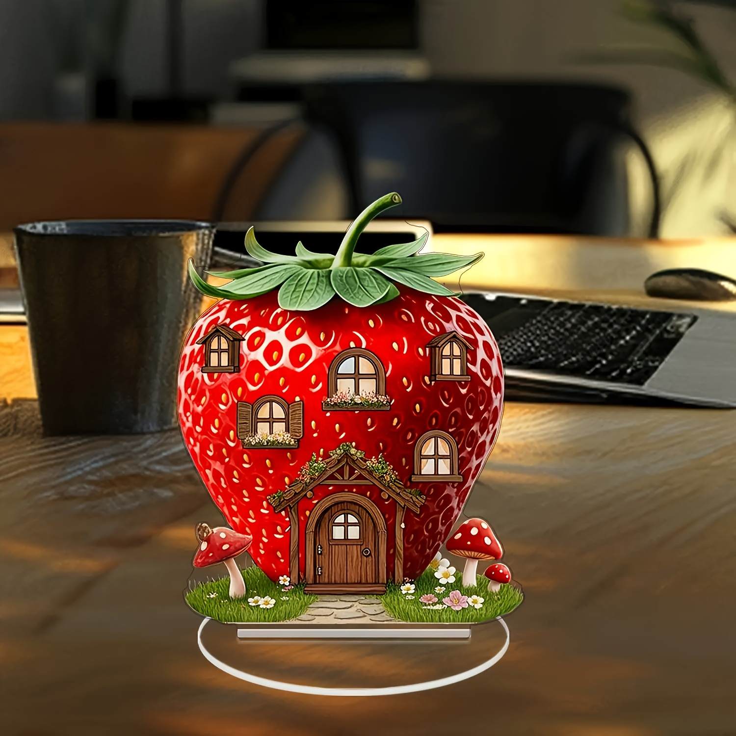 

1pc Style Acrylic Strawberry Cartoon House Christmas Decoration, 2d Flat Acrylic Craft Set, Tabletop Decor With Base, Theme, Unique Gift Idea, With No Text, For Desk Accessory - 6.1"x5.1