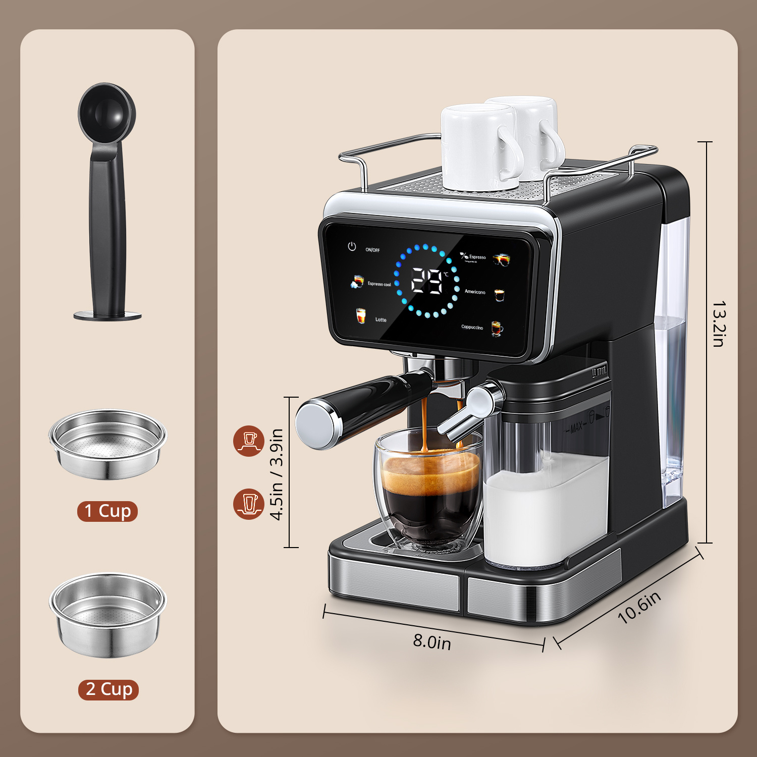 20   machine with automatic milk tank   semi automatic coffee maker suitable for espresso latte cappuccino removable water reservoir tank capacity timer for plug black Product details 0