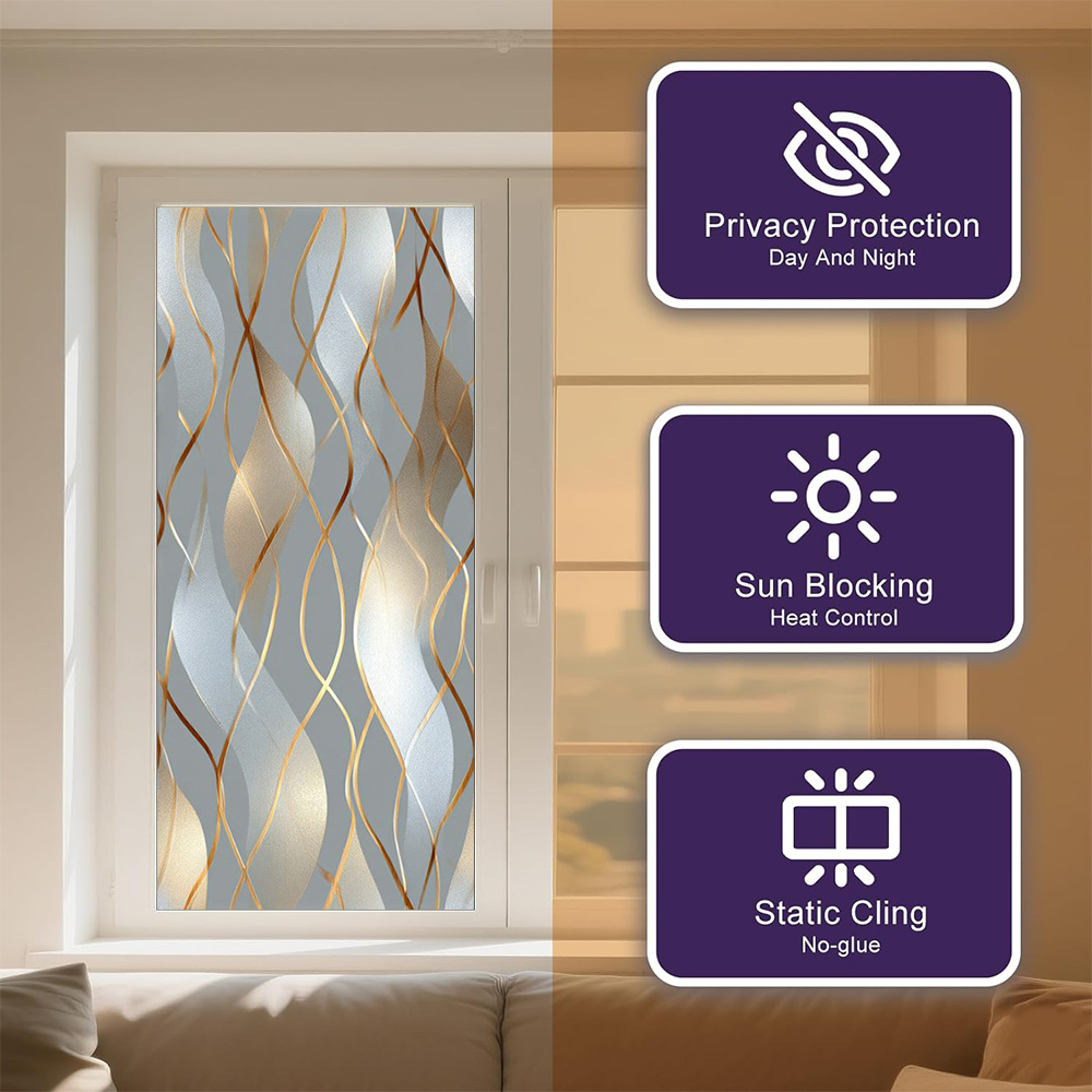TEMU Film pour Fenêtre Adhésif 2D Plat, 1 Rouleau, pour Décoration Intérieure - Revêtement Amovible avec Texture Dorée Abstraite de Luxe, Autocollant