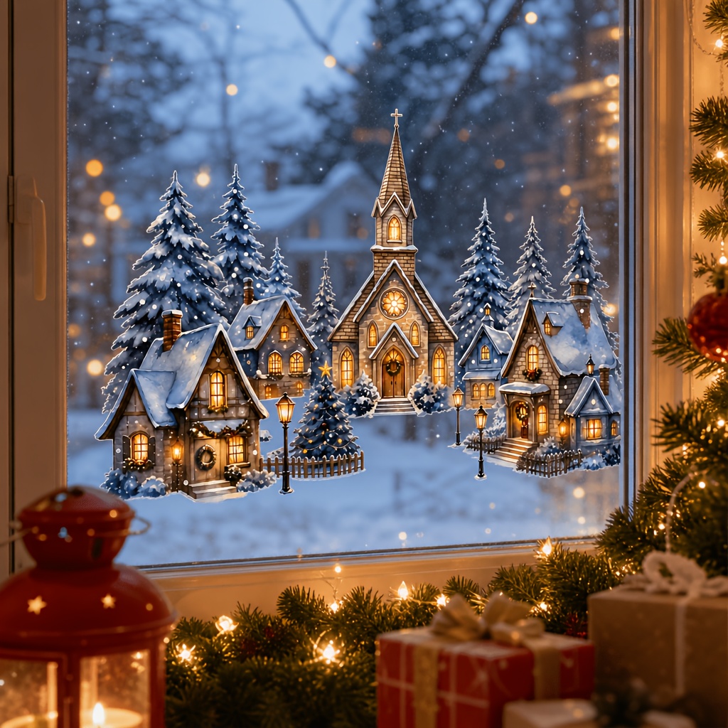TEMU 1pc Christmas Vintage Town Window Decal, Church Cedar Snowflake Window Sticker, New Year Holiday Display Window And Door Glass Decoration,
