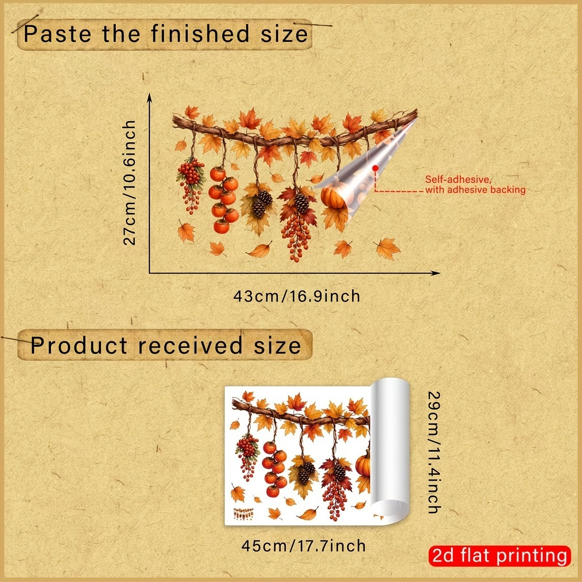 TEMU 2d Flat - 2d Static Autumn Hanging Branch Border Window Cling, Persimmons, Pumpkins, Pinecones, , Red Berries & , Harvest Thanksgiving Glass