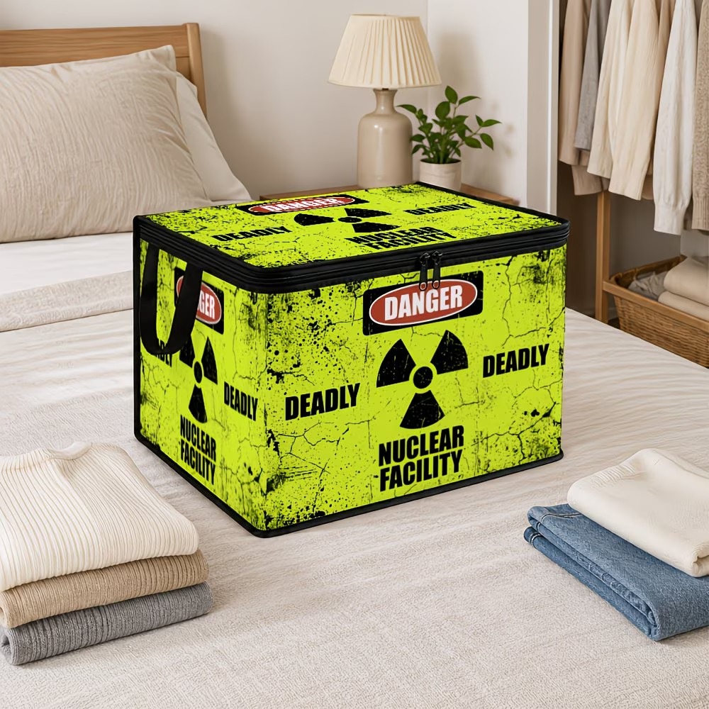 TEMU 1 Warning Sign And Radioactive Font - Vintage Industrial Style Storage Bin With Lid, Large Capacity, Soft Fabric, Classic Rectangular Design,