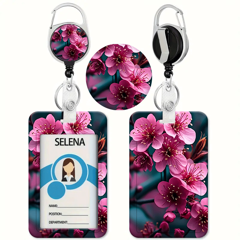 TEMU Cherry Blossoms Bloom In Pink, Featuring A Floral Print Pattern On A Retractable Badge Holder With A Clip. This Heavy-duty Lanyard Is Suitable