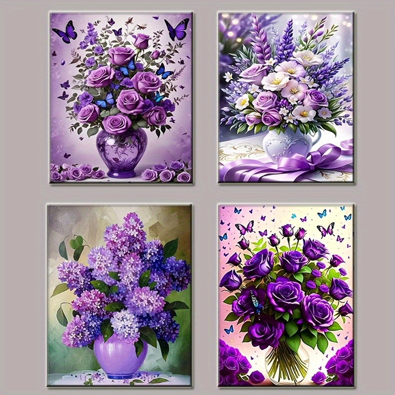 TEMU 4pcs Set, 5d Full Diamond Round Diamond Painting Kit, Floral Theme, Mosaic Wall Decoration, Diy Handmade For Adults And Beginners, Frameless