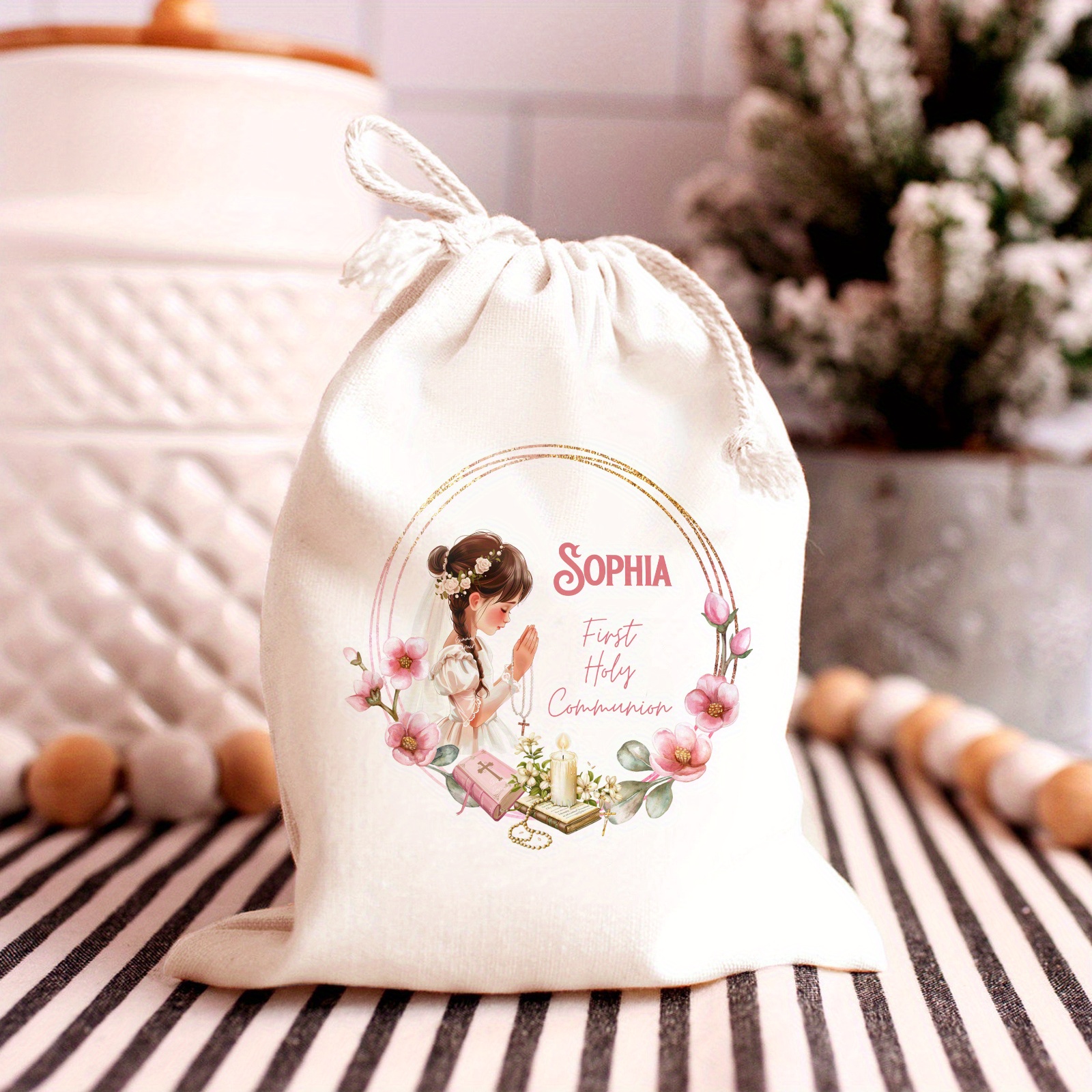 TEMU Personalized Baptism & First Communion Gift Bag - Custom Name Floral Design Jewelry Pouch, Durable Polyester Celebration Favor Bags (3 Sizes)