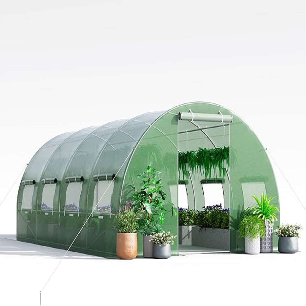 X 6.6ft Outdoor Walk-in Tunnel Greenhouse 10 Roll-up Windows, 2 Zippered Doors, Heavy-duty Galvanized , Large Hoop