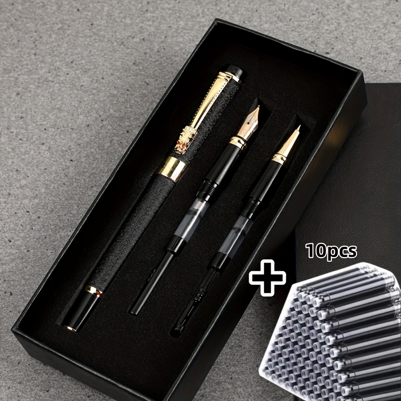TEMU A Set Of 3 High-quality Metal Pens, Featuring 10 Black Ink Ergonomic Matte Pen Tips (0.38mm/0.5mm/1.0mm), Golden Accents, Packaged In A Black