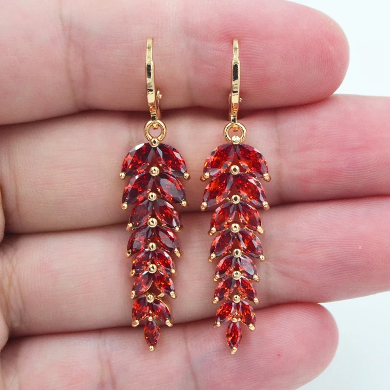 Image of Shine Red Synthetic Zirconia Golden Women Luxury Red Cz Leaf Wedding Jewelry Earrings
