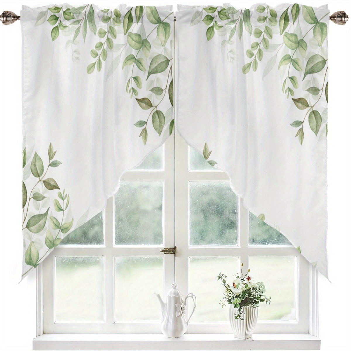 TEMU 2pcs Watercolor Green Leaf Pattern Small Triangle Curtains, Kitchen Curtain Curtains For Home Decor Window For Kitchen Bathroom Cafe With Rod ,