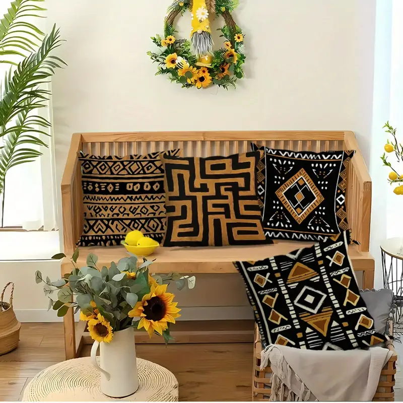 4pcs african tribal print decorative pillow covers double sided polyester with zipper closure machine washable indoor outdoor sofa bed couch pillowcases black golden geometric patterns no insert couch pillow covers Product details 2