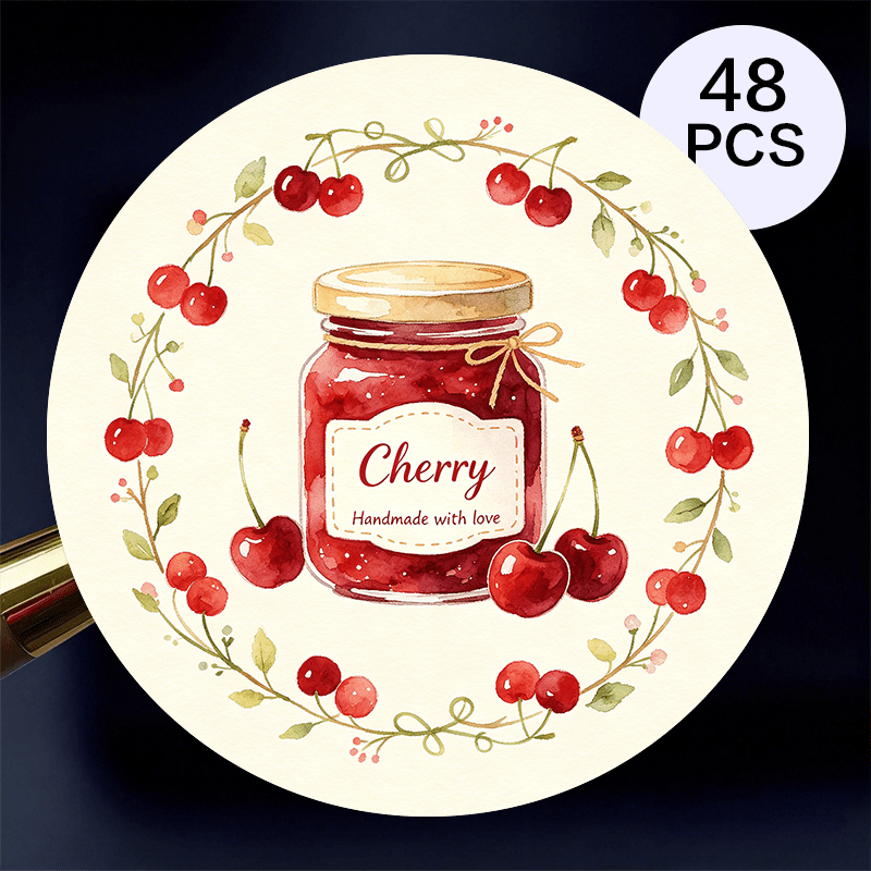 TEMU 48pcs Round Stickers, Watercolor Cherry Wreath & Jar Labels, Handmade Food-themed Self-adhesive Seals For Jam Jars, Containers, Gift Packaging,