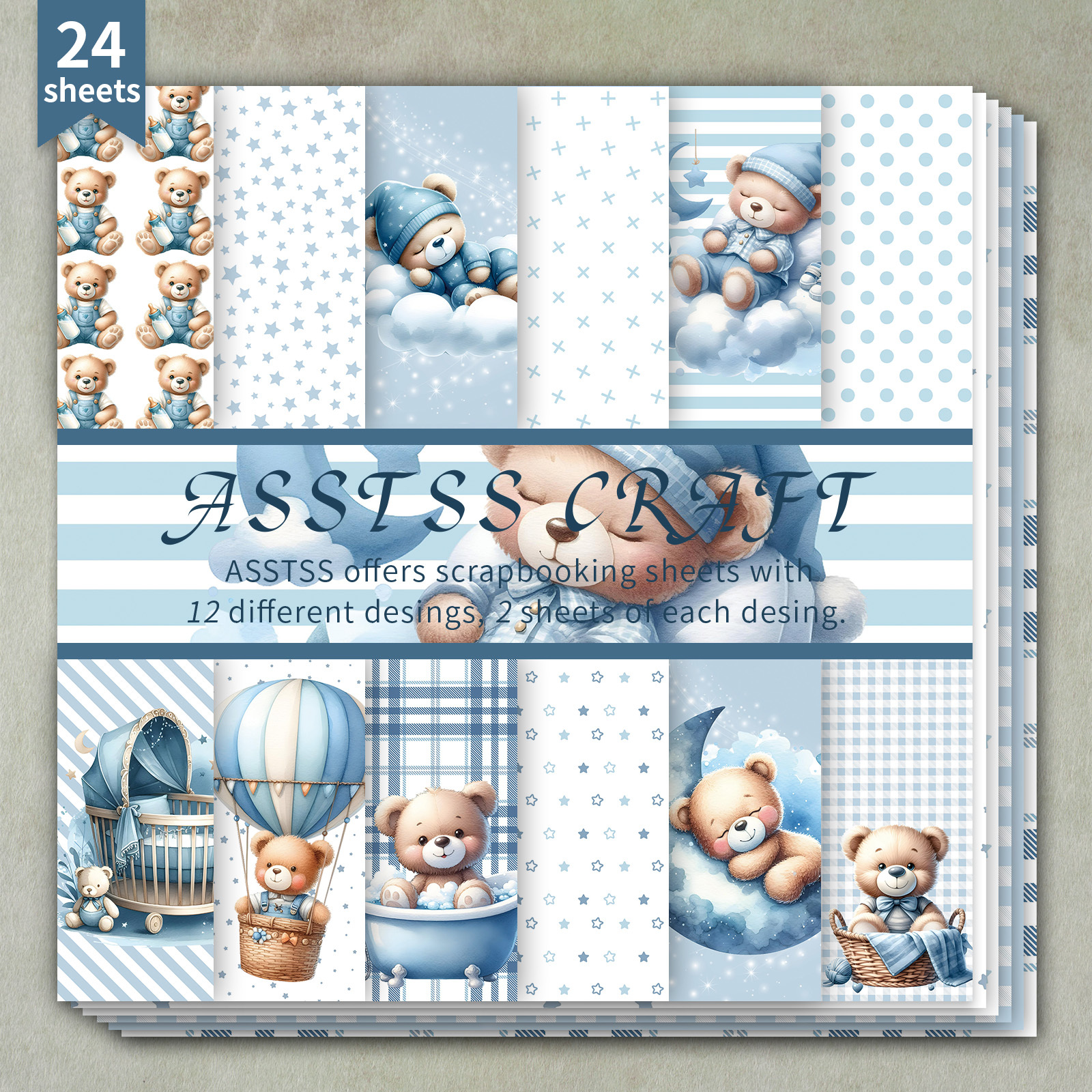 TEMU Bloc de papier à scrapbooking 24 feuilles ASSTSS bleu bébé en peluche - Papier cartonné épais adapté pour journaling, art de collage, cartes de
