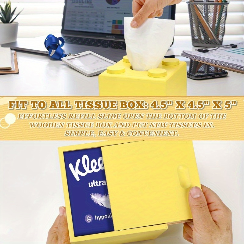 wood tissue box cover tissue box cover square building blocks tissue box holder with slideout   home decor for bathroom living room office kitchen yellow small Product details 3