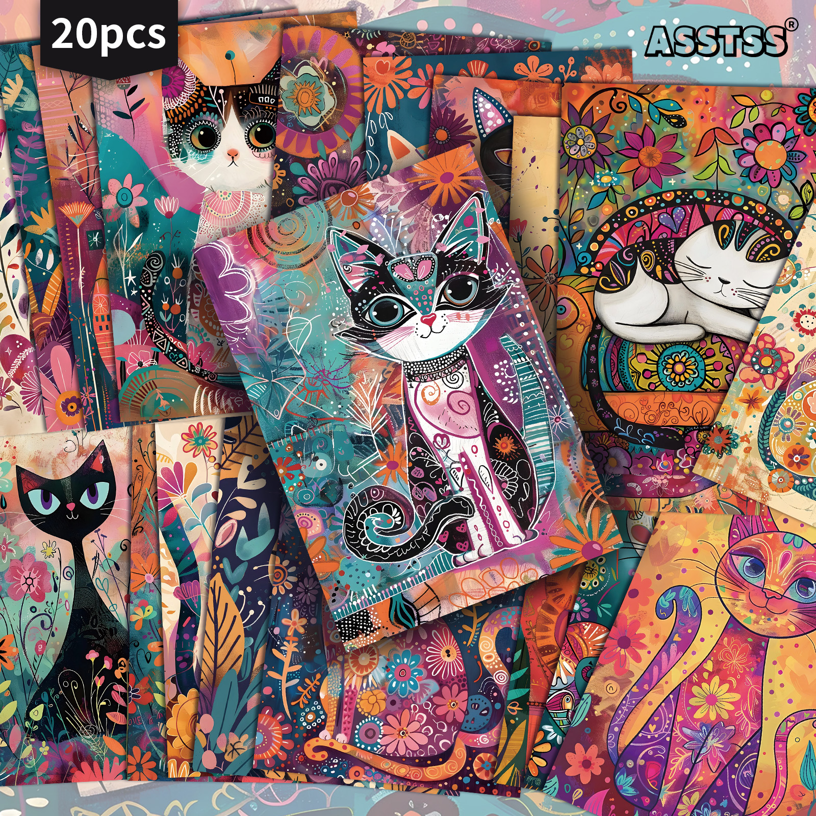 TEMU 20-pack Asstss Colorful Cats | Gift Cards - 4x6 Inches Retro Junk Journal Paper, Classic Pinup Illustrations, Collectible Decorative Painting