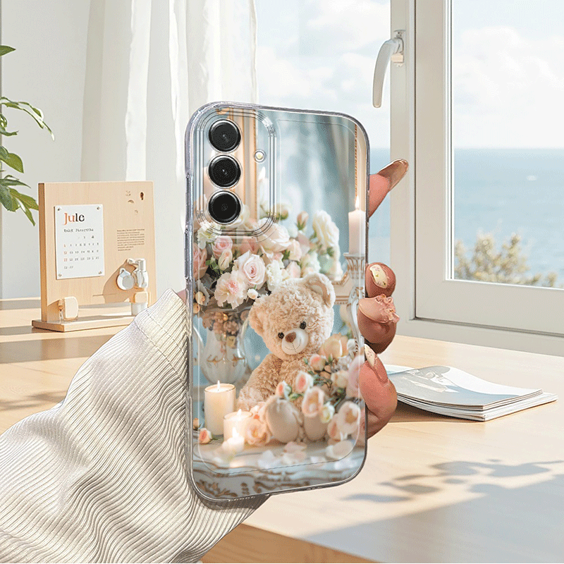 Etui za telefon - 2D ploski svetlo roza rožični etui z motivom medvedka za Samsung Galaxy A03S A04 A05S A06 A07 A13 A14 A15 A16 5G A17 A22 A23