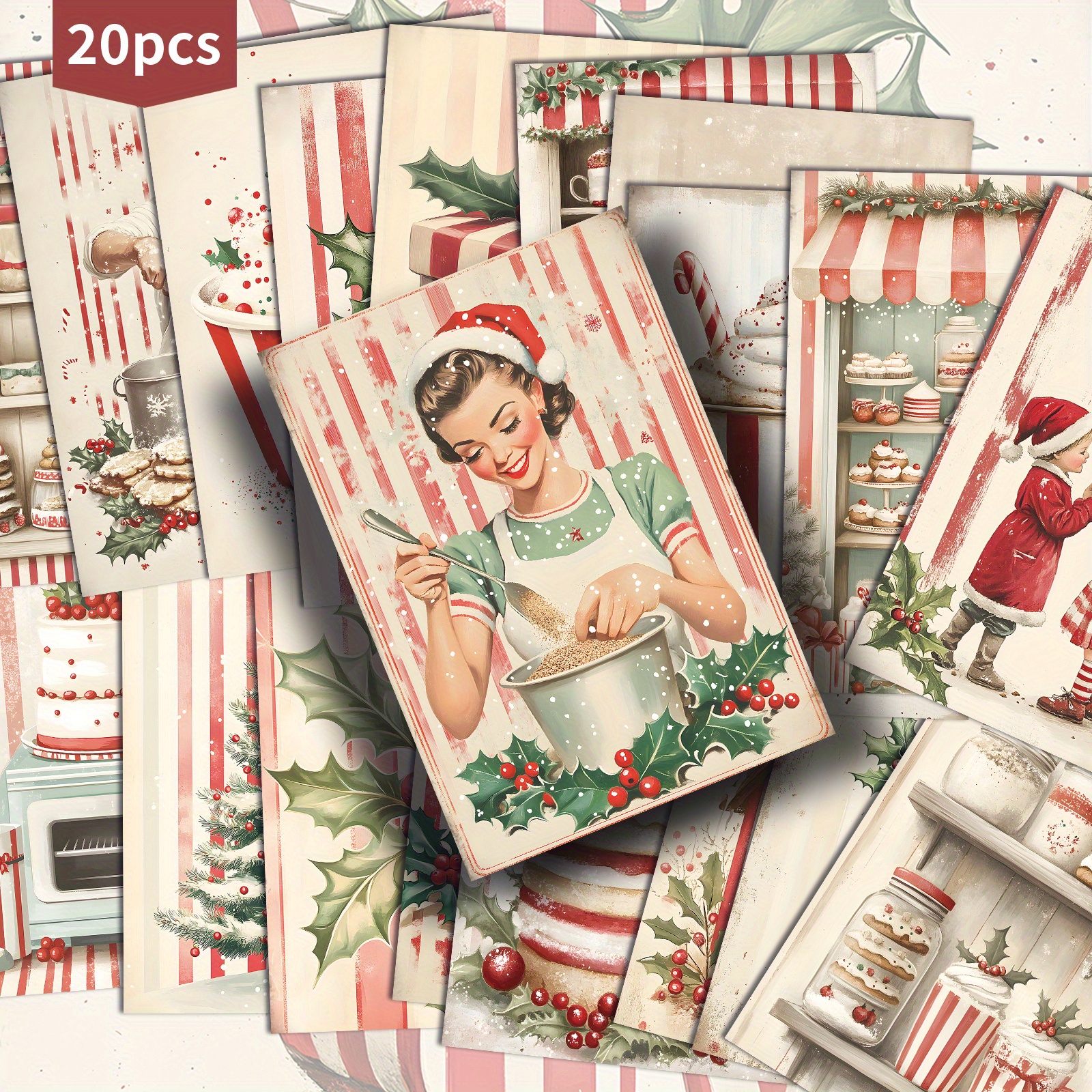 TEMU 20 Pezzi ASSTSS Cartoline Vintage Rosse Natalizie per Dolci - per Junk Journal 4x6 Pollici con Dessert Pinup Classici, Ideali per Scrapbooking,