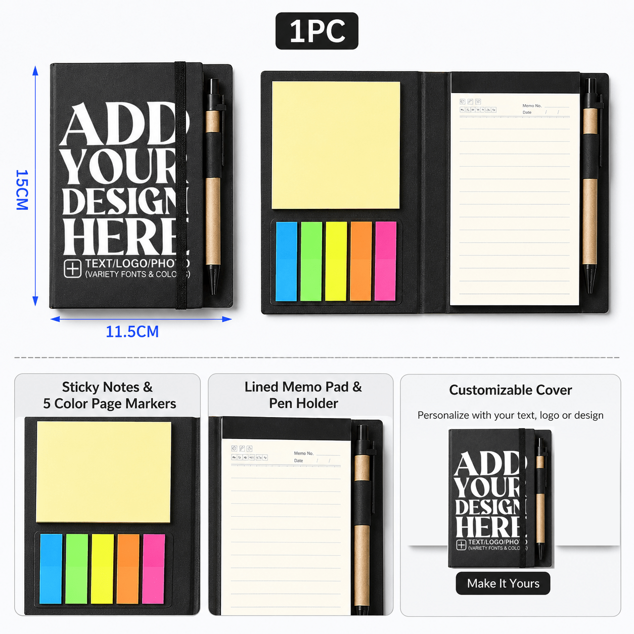 TEMU 1pc Personalized Notebook Set, Includes Pen. Customizable Cover Text/logo/photo, Portable Notebook Featuring Sticky Notes And Index Tabs,