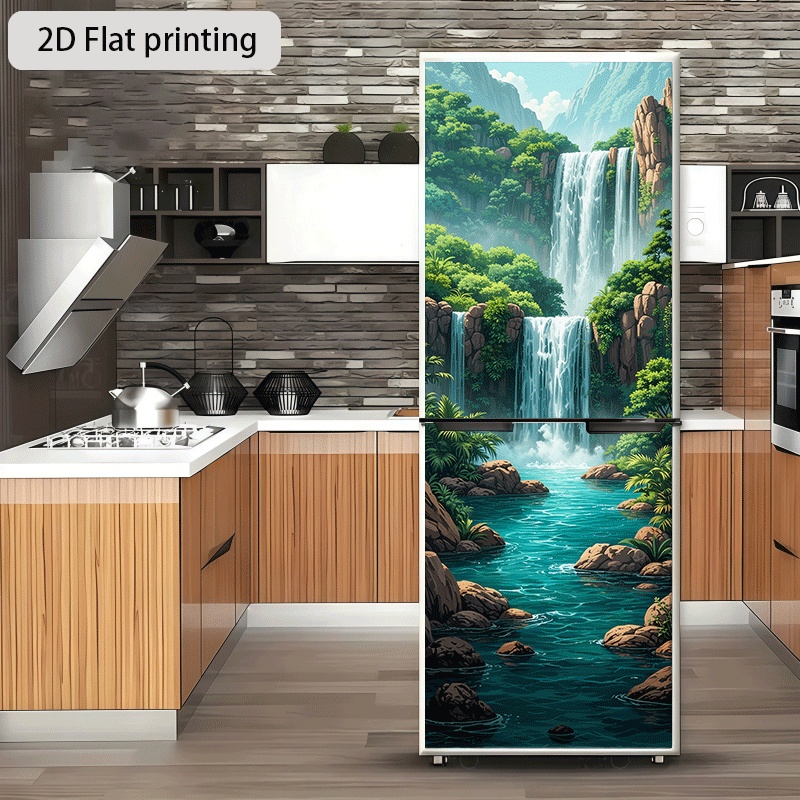 Image of [2d Flat Printing] 1pc Refrigerator Sticker 60 X 180 Cm Flying Waterfall Spring Theme Design Wall Sticker Self-adhesive Suitable For Cabinets And Wardrobes, Modern Kitchen Decoration Home Sticker