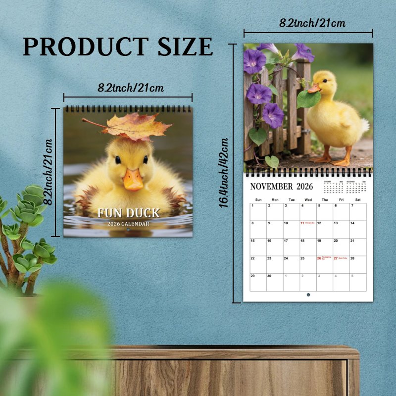TEMU (upgraded Thick Paper, High-quality Printing) 2027 Yellow Duck Aesthetic Design Foldable Wall Calendar Planner, 12-month Large Layout, Monthly