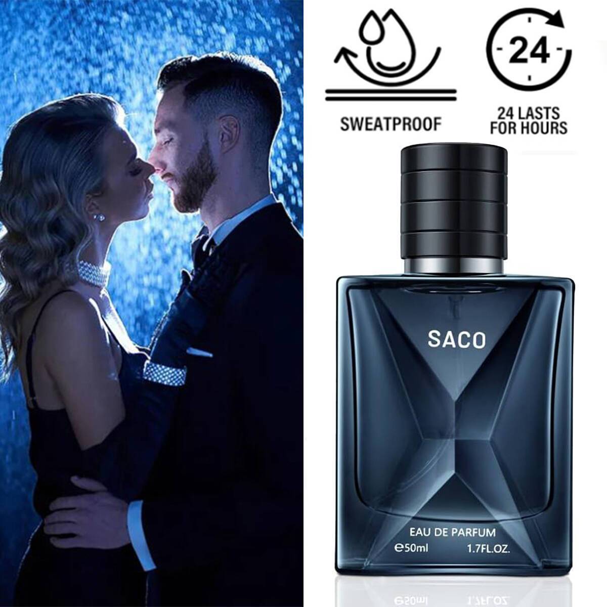 SACO Men's Eau de Parfum, 1.7fl.oz - Refreshing Woody Scent with Floral Notes, Long-Lasting Fragrance, Alcohol-Based, Phosphorus-Free, Ideal for Dating & Everyday Use, Men's Fragrance | Modern Bottle Design | Parabenfree Fragrance