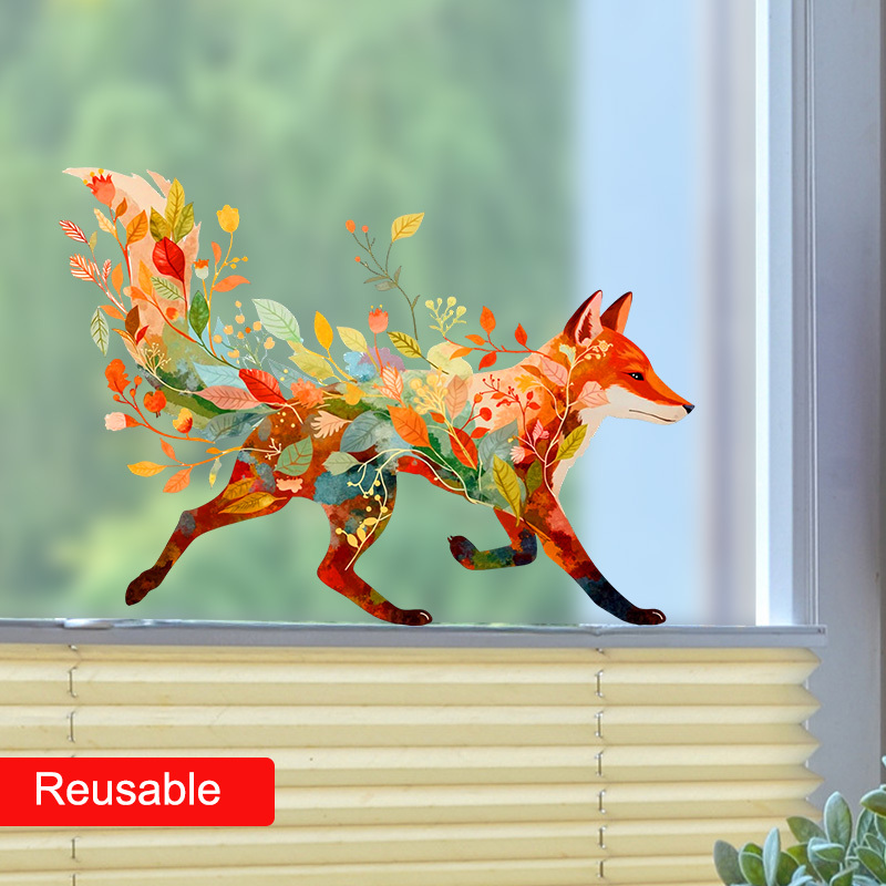 TEMU Vibrant Fox And Floral Static Cling Window Stickers | Pet Static Adhesive Glass Film, Leaves No Residue, Removable And Reusable, Double-sided