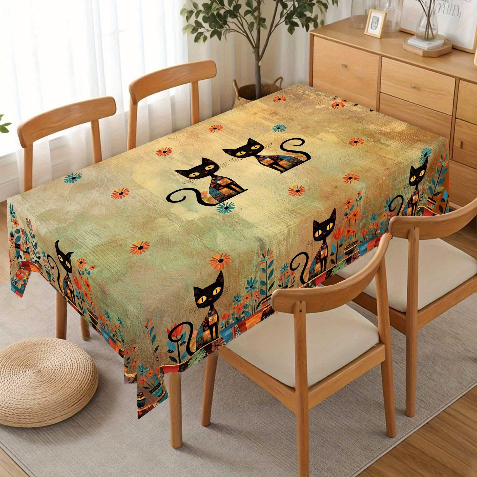 TEMU 1 Bohemian Mandala Tablecloth With Vintage Floral And Cat Pattern, Rectangular Tablecloth, Ideal For Holiday Party Decorations, Elegant Indoor