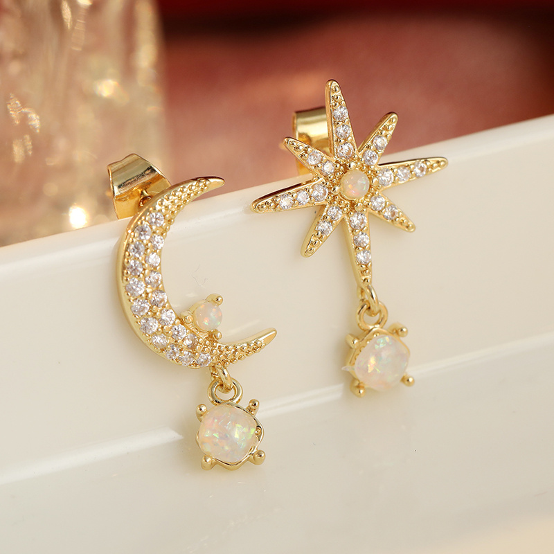 TEMU Golden Color Asymmetrical Synthetic Zirconia Moon Star Drop Dangle Earrings For Women Retro Fashionable Versatile Accessory Gift