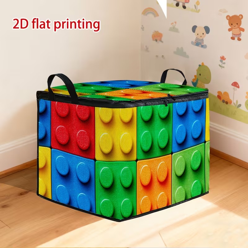 TEMU 1 Colorful Geometric Block Print Storage Box With Lid | Soft Fabric, Rectangular, , Wardrobe Organizer Box, Suitable For Clothes, Office