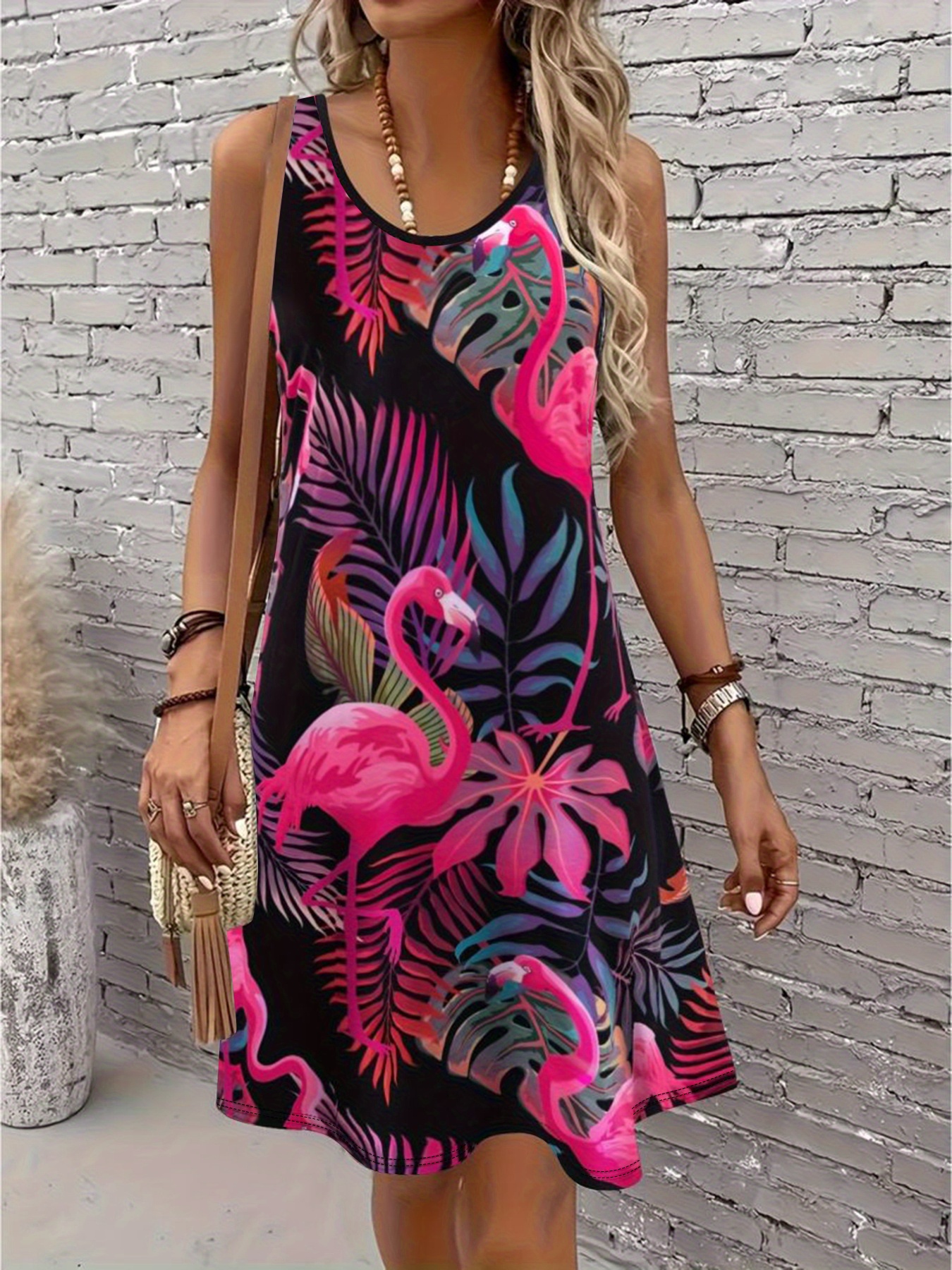 chinese dress ladies Flamingo Beach Print Casual Cotton Feel Dresses for Ladies,Short  Sleeve,Flowy Maxi Dress for Spring Black at Amazon Women's Clothing store