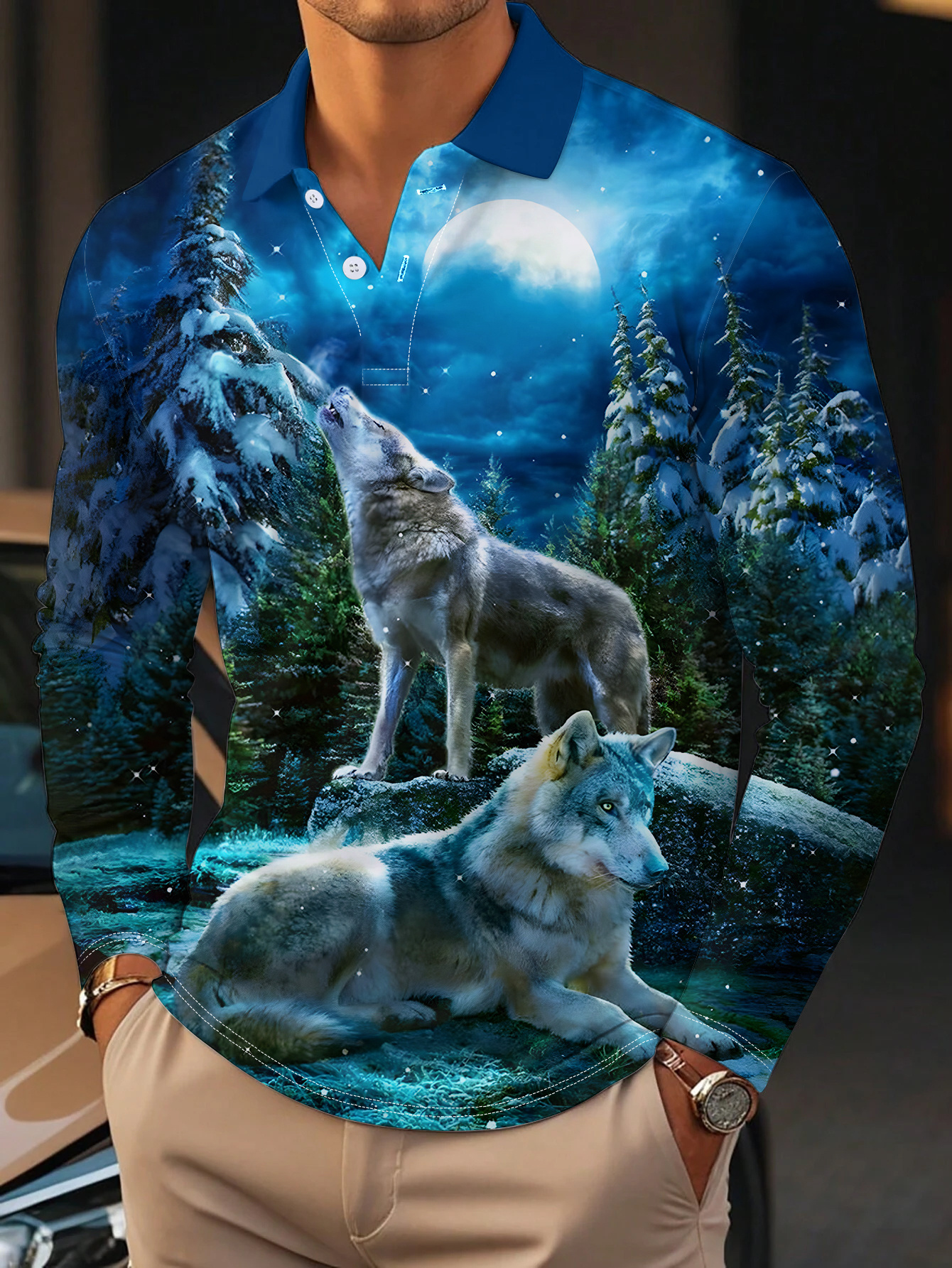 mens casual long sleeve t shirt with wolf print polyester knit fabric regular   season wear lapel collar   stretch button detail 180g m fabric weight