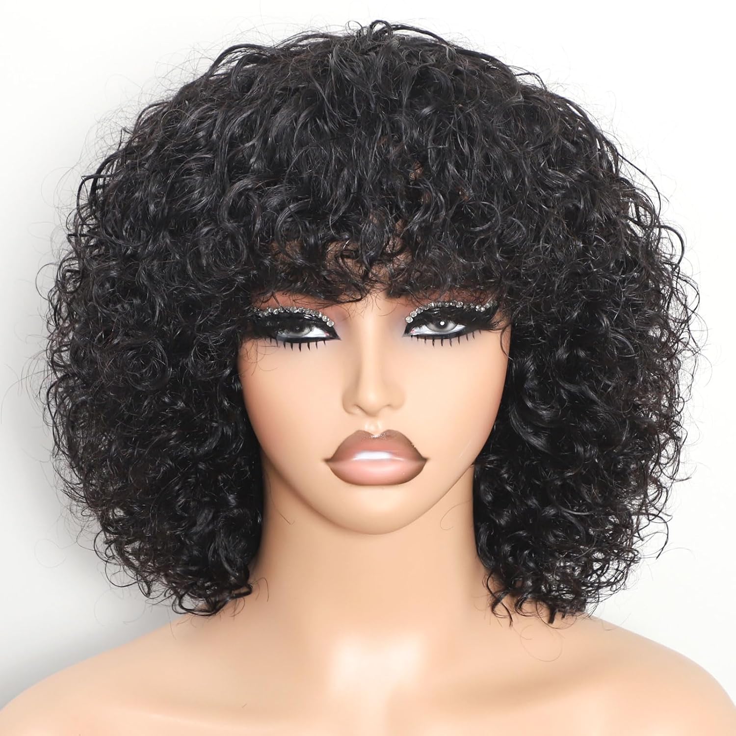 Image of Glueless Short Curly Wig With Bangs - Natural Hair Wig Suitable For , 250% Density Water Wave Curls, Soft Romantic Hairstyle For Valentine' Day & Casual Attire, For