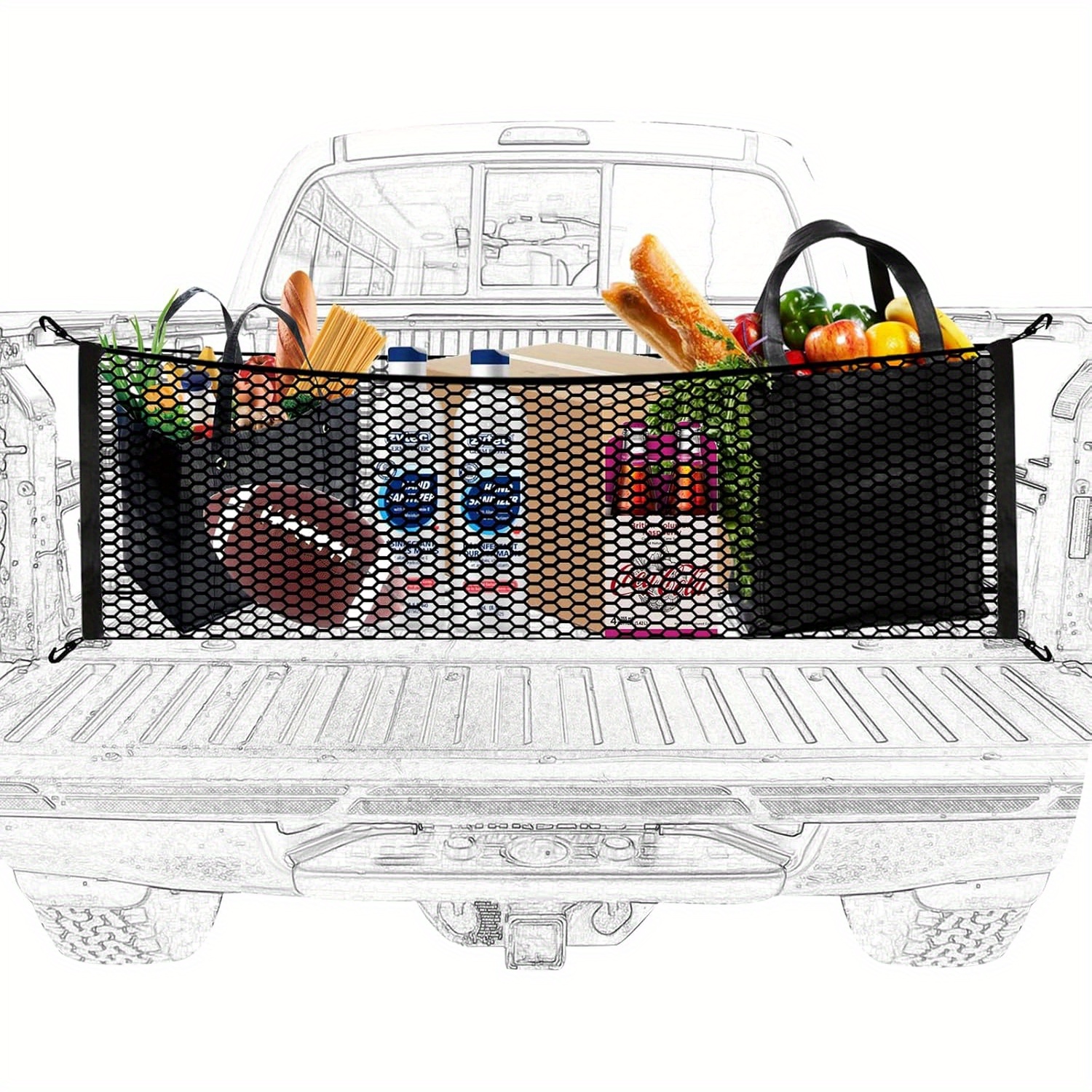 TEMU 1pc Elastic Cargo Net For Truck Bed, Pp Material, Storage Organizer For Pickup Trucks, Versatile Bed Accessory With Hooks